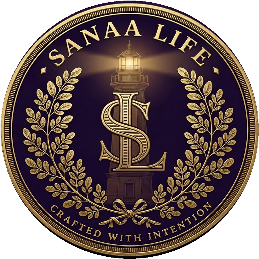 The Sanaa Life sovereign medallion seal: a gold lighthouse and SL monogram framed by a moringa wreath
